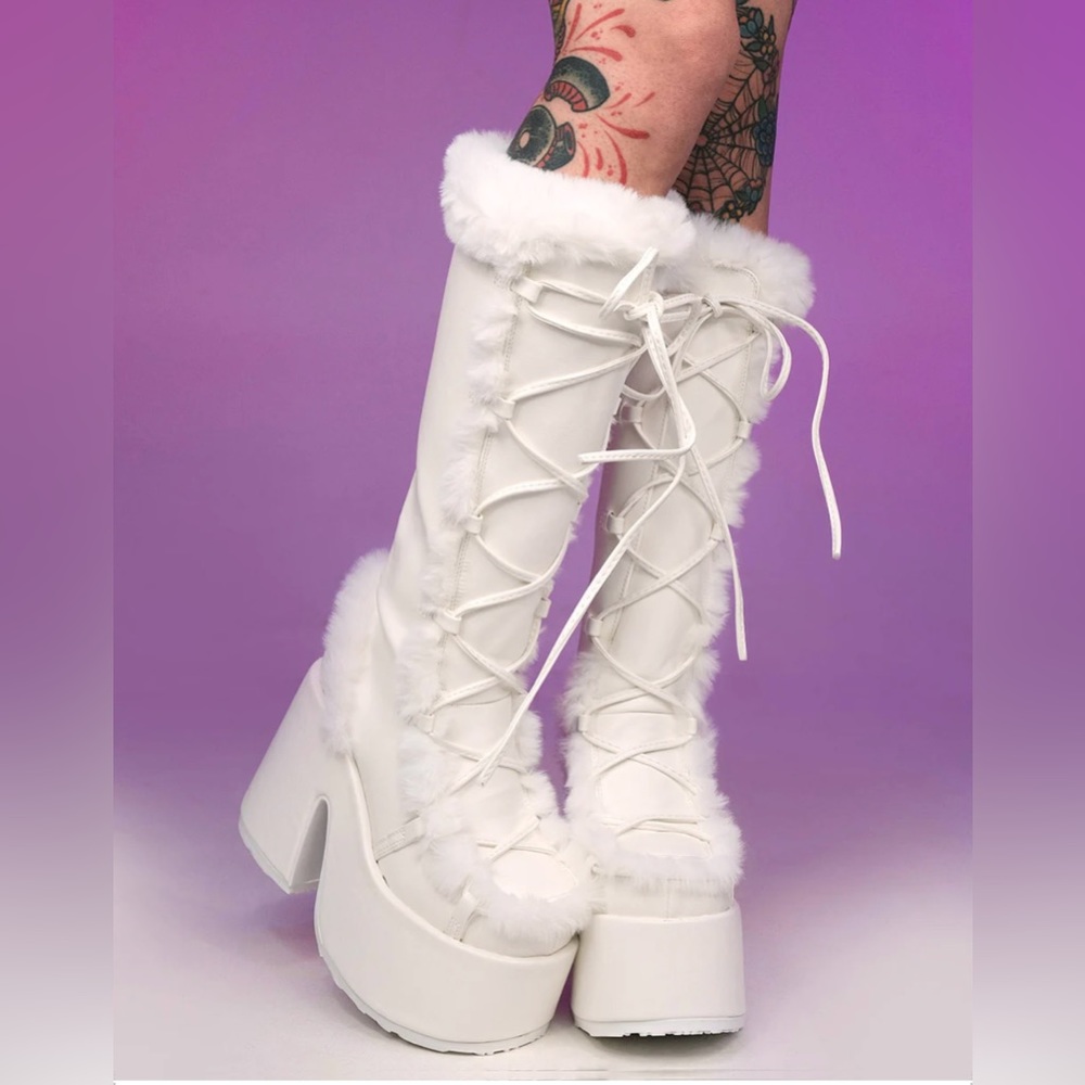 Demonia Pure Vigilance Platform White Furry Winter Faux Fur Boots